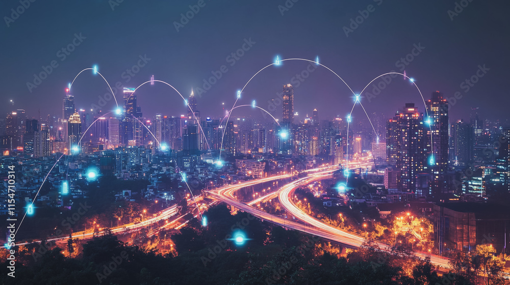 Fototapeta premium Smart digital Innovation city with connection network reciprocity over the cityscape. of future smart wireless city and social media networking systems that connects business people with in city
