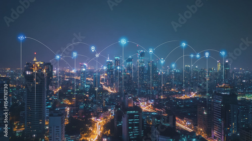 Wallpaper Mural Smart digital Innovation city with connection network reciprocity over the cityscape. of future smart wireless city and social media networking systems that connects business people with in city Torontodigital.ca