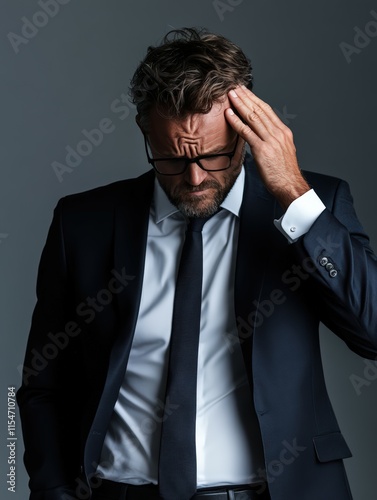 realistic businesswoman sign of stress. both hands touch heads. He wear business suit