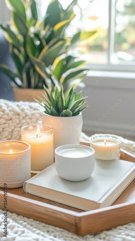 A cozy arrangement of candles and plants on a tray, creating a tranquil atmosphere. A cozy arrangement of candles and plants on a tray, creating a tranquil atmosphere.