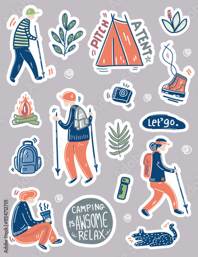 Hiking and camping, doodle style, Stickers with die cut lines
