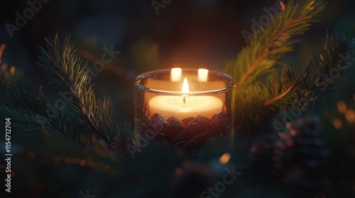 a glowing candle in a glass holder surrounded by pine branches.