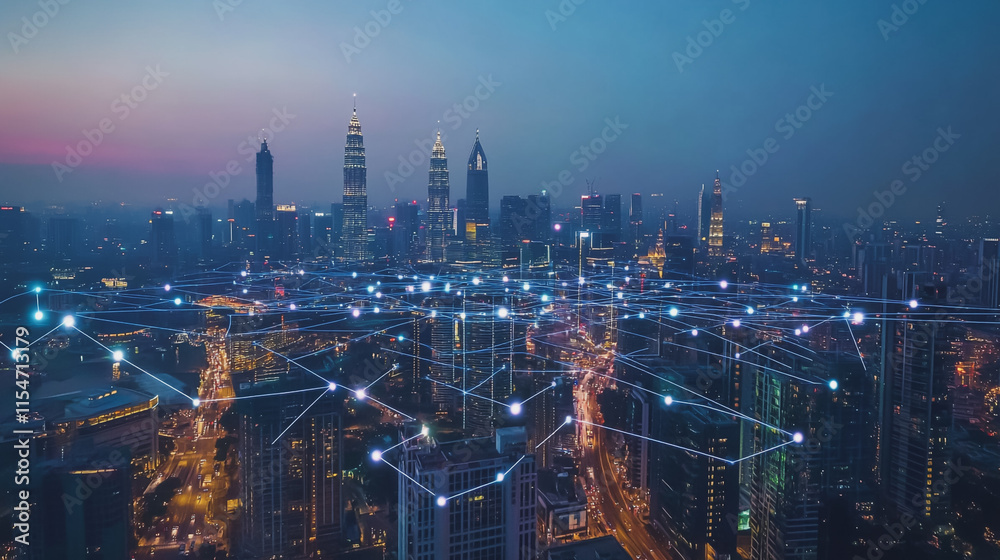 Fototapeta premium Smart digital Innovation city with connection network reciprocity over the cityscape. of future smart wireless city and social media networking systems that connects business people with in city