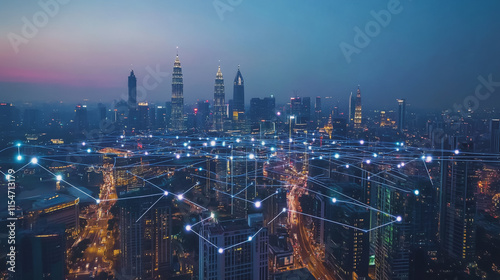 Wallpaper Mural Smart digital Innovation city with connection network reciprocity over the cityscape. of future smart wireless city and social media networking systems that connects business people with in city Torontodigital.ca