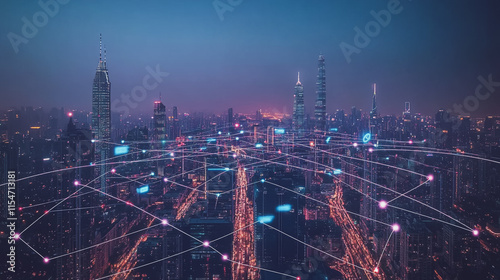 Wallpaper Mural Smart digital Innovation city with connection network reciprocity over the cityscape. of future smart wireless city and social media networking systems that connects business people with in city Torontodigital.ca