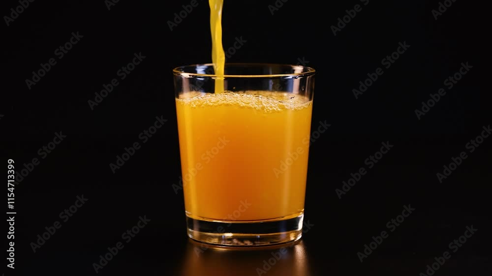 Orange Juice Pouring on Black Background