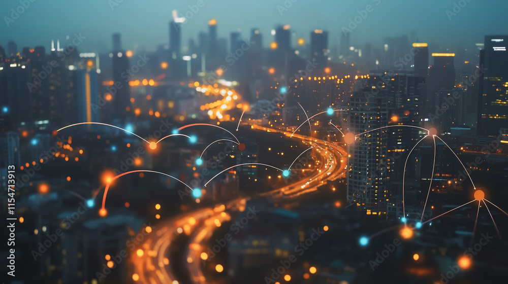 Fototapeta premium Smart digital Innovation city with connection network reciprocity over the cityscape. of future smart wireless city and social media networking systems that connects business people with in city