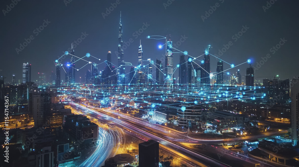 Fototapeta premium Smart digital Innovation city with connection network reciprocity over the cityscape. of future smart wireless city and social media networking systems that connects business people with in city