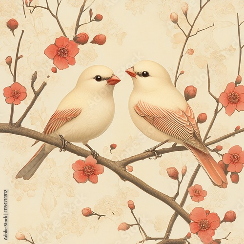 Two minimalist lovebirds perched on a branch, surrounded by delicate ancient patterns