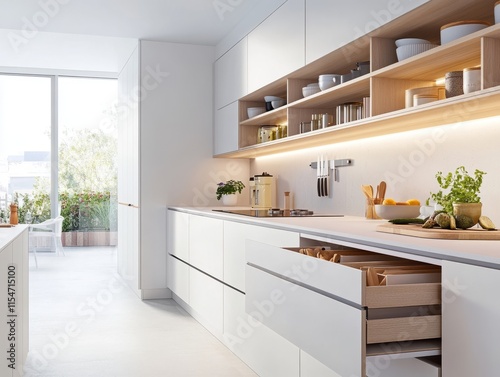 Modern minimalist kitchen design with white cabinets and wooden accents