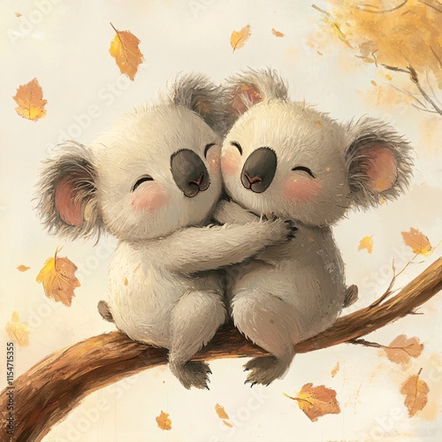 Two cute koalas hugging on a tree branch, with soft pastel leaves falling around them photo