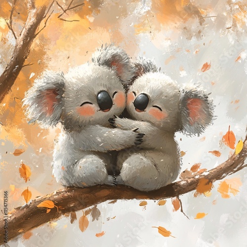 Two cute koalas hugging on a tree branch, with soft pastel leaves falling around them photo