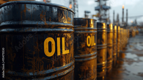 A long row of oil barrels with the word 