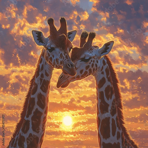 A pair of gentle giraffes with their necks intertwined, glowing softly under a golden sunset photo