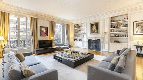 Elegant Parisian apartment living room with fireplace, large windows, and built-in shelving.