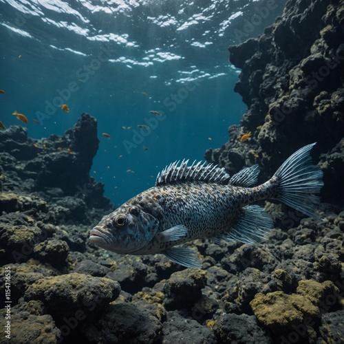 A furry fish with elegant feather-like fins drifting among underwater volcanic springs.