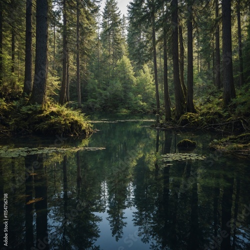 Secluded Forest Lake: A hidden forest lake nestled deep within the woods, surrounded by towering trees and complete tranquility.