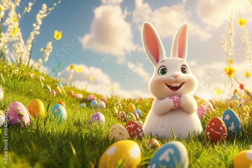 A cheerful cartoon rabbit holds a colorful Easter egg in a vibrant meadow filled with decorated eggs, symbolizing the joy and festive celebration of Easter that brings families together photo