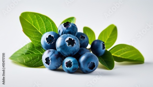 Handful of Bright Blueberries with Fresh Green Leaves on a Soft White Background photo