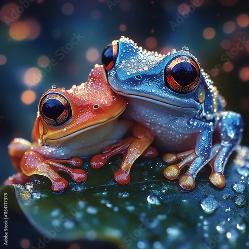 Two colorful frogs sitting on a leaf, glowing gently with soft dewdrops around them photo