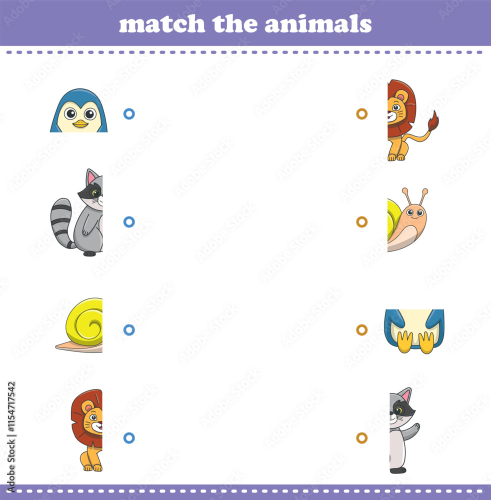 Fototapeta premium Match halves of cute cartoon wildlife animals. Logical game for kids