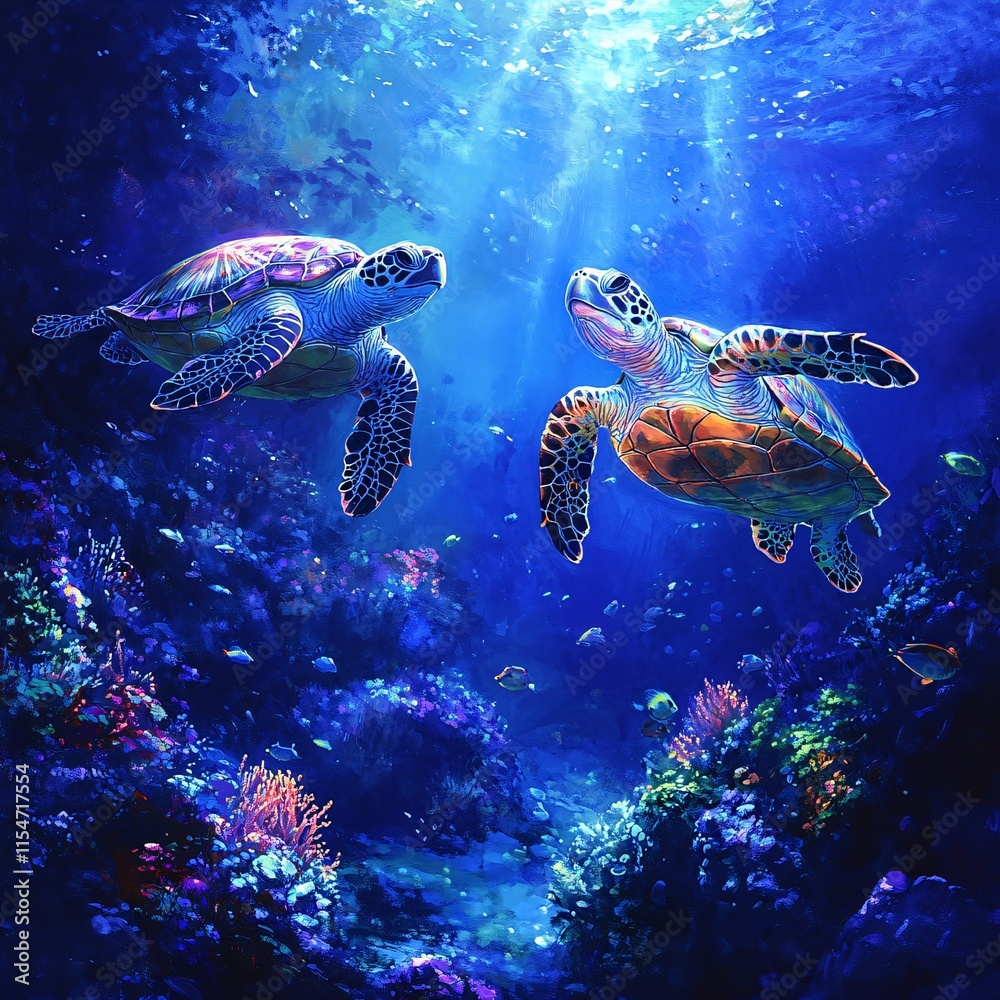 Fototapeta premium Two friendly turtles swimming together under coral reefs, surrounded by glowing fish