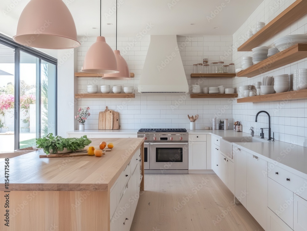 Fototapeta premium Modern Kitchen Island with White Cabinets and Wooden Shelves