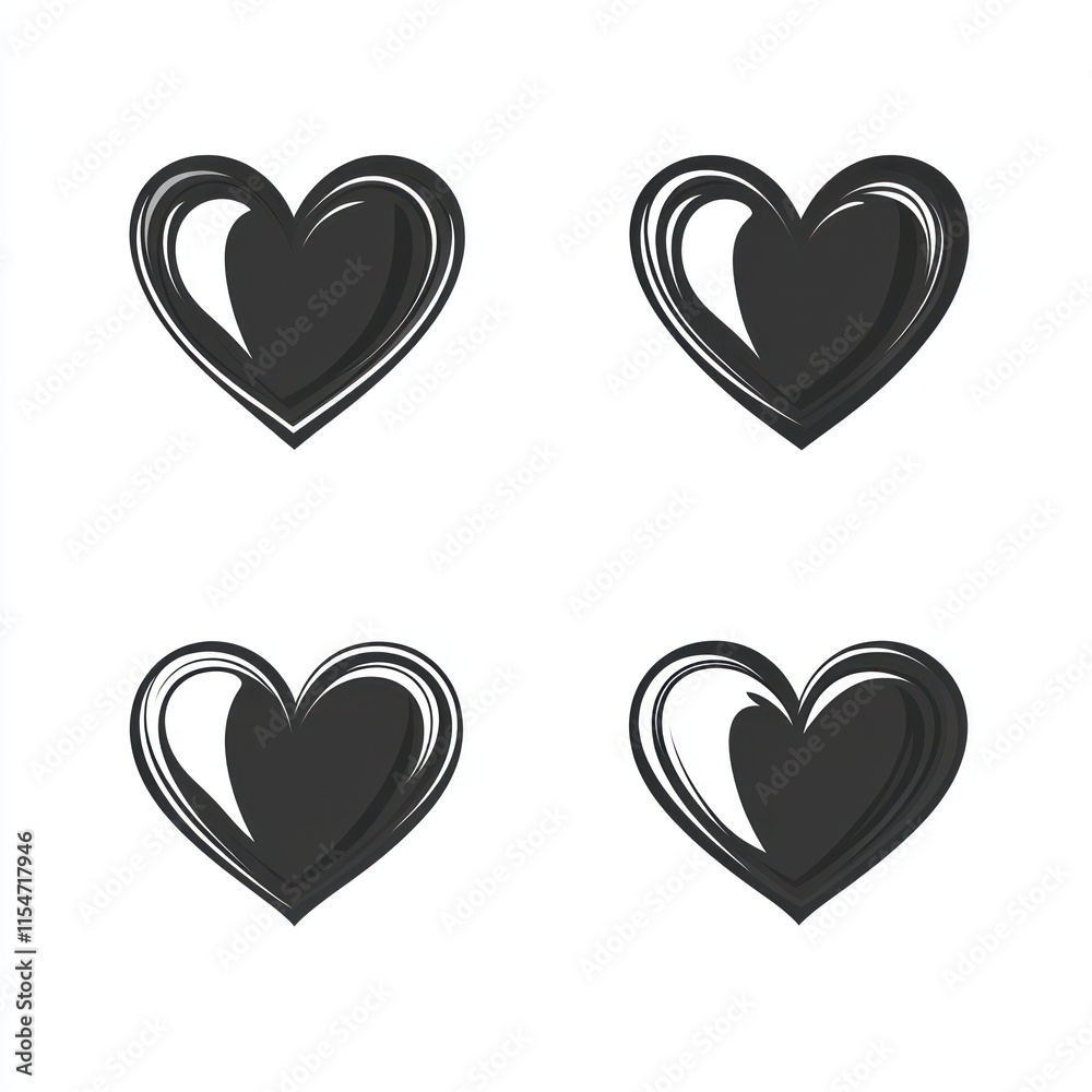 Four stylized black hearts on white background. Four stylized black hearts on white background.