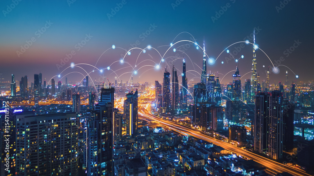 Fototapeta premium Smart digital Innovation city with connection network reciprocity over the cityscape. of future smart wireless city and social media networking systems that connects business people with in city