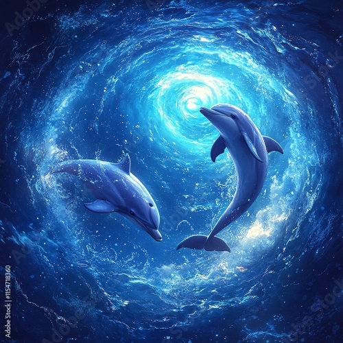 Two playful dolphins swimming in a glowing spiral under the ocean photo