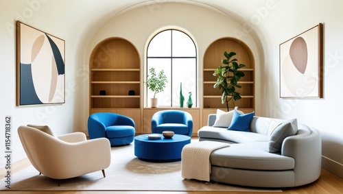Modern interior design, minimalist living room, arched built-in shelving, curved blue armchairs, round blue ottoman, white textured walls, large arched window, potted plant, wooden coffee table, neutr