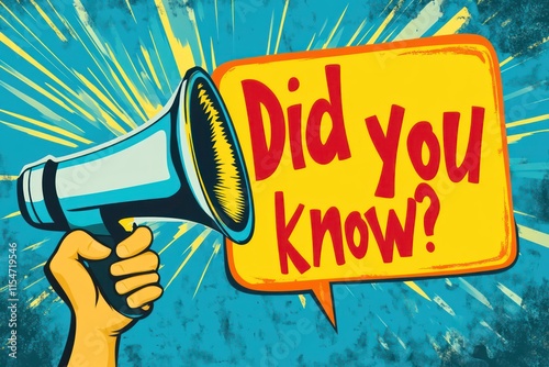 A flat-style illustration of a male hand holding a megaphone, emitting sound waves and a bright yellow speech bubble with bold 