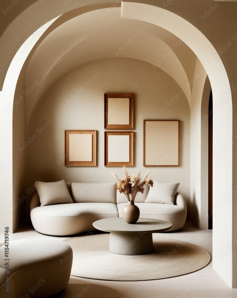 Fototapeta premium Minimalist interior, curved white sofa, arched doorway, neutral tones, empty gold frames, round coffee table, vase with dried flowers, textured rug, soft lighting, modern elegant design, monochromatic