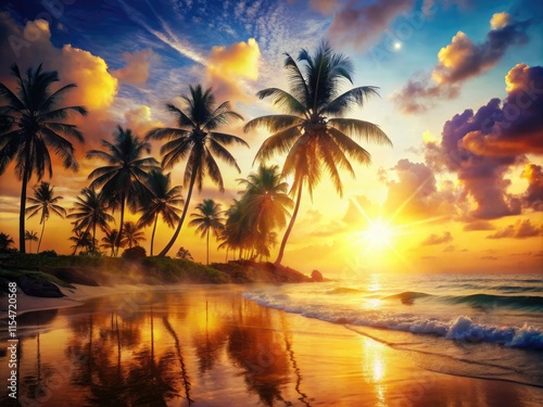 Beach bliss: sun-kissed paradise, ocean waves, and palm trees in a vivid double exposure.