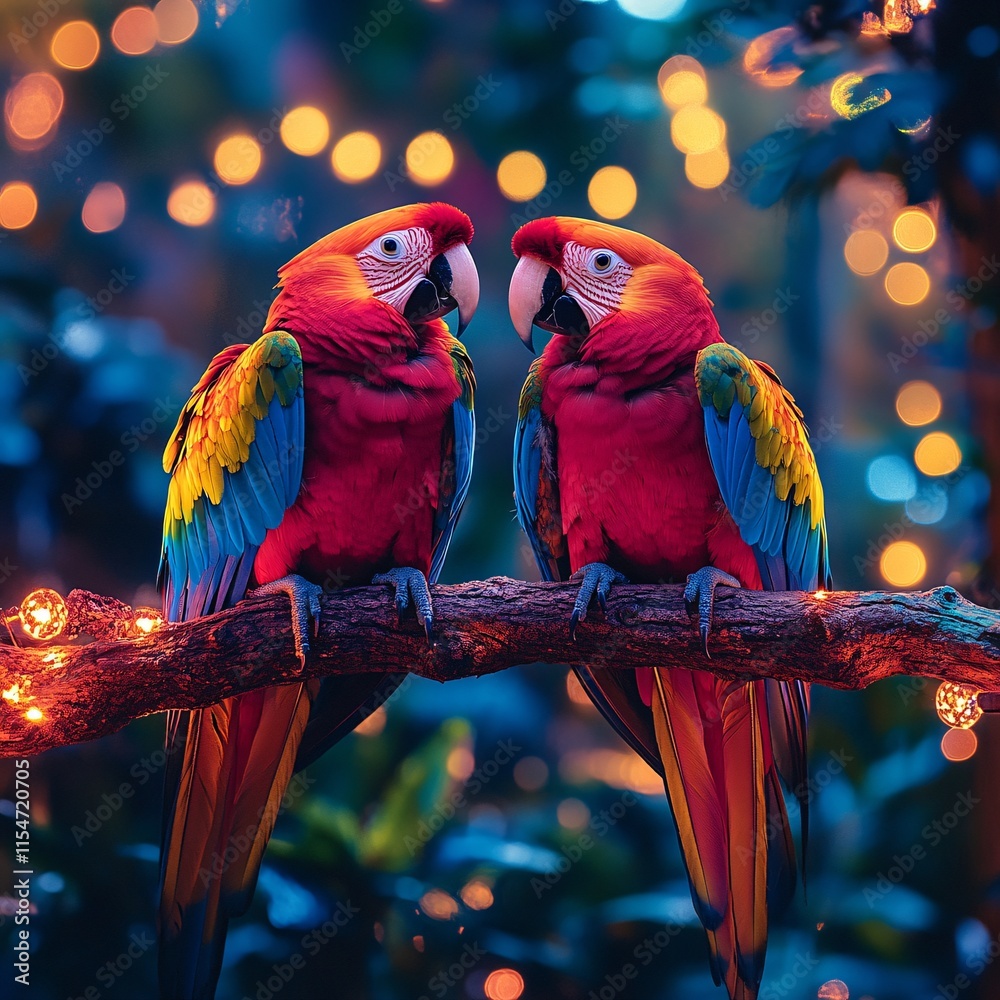 Obraz premium A pair of colorful parrots sitting on a glowing ancient branch surrounded by pastel light