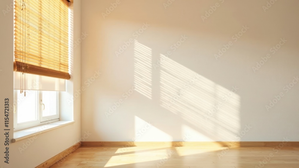Fototapeta premium Sunlight streams through wooden blinds casting patterned shadows on a light wall and hardwood floor in an empty room, offering a serene and minimalist interior design aesthetic.