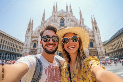 A cheerful couple in casual summer outfits, taking a selfie in front of the grand Duomo Cathedral, surrounded by Milanâ€™s lively city streets. photo