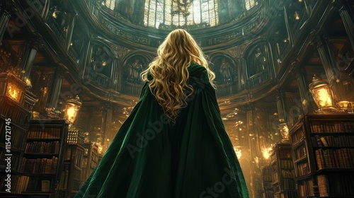 A serene witch princess with blonde hair and a green hooded robe, standing in the middle of an ancient library. background wallpaper AI generated image