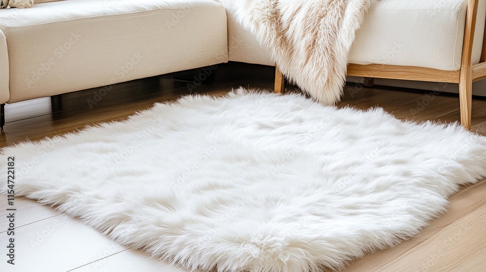 A comfortable white furry rug lies on the floor next to the sofa background wallpaper AI generated image A comfortable white furry rug lies on the floor next to the sofa background wallpaper AI generated image