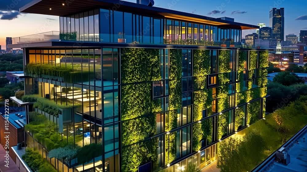 Modern office building featuring a prominent vertical garden illuminated at dusk, showcasing sustainable architecture in an urban environment, fort worth, texas