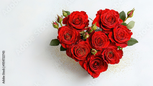 Valentine's heart fills with happiness concept. Heart shaped arrangement of red roses with green leaves