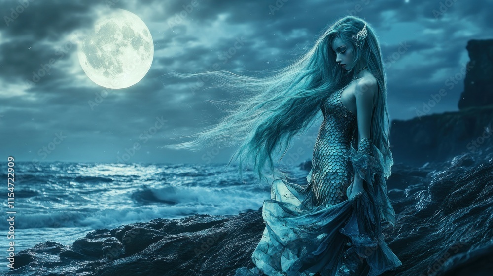 A sea mermaid with turquoise hair and sparkling scale patterned clothing stands on the beach, background wallpaper AI generated image A sea mermaid with turquoise hair and sparkling scale patterned clothing stands on the beach, background wallpaper AI generated image