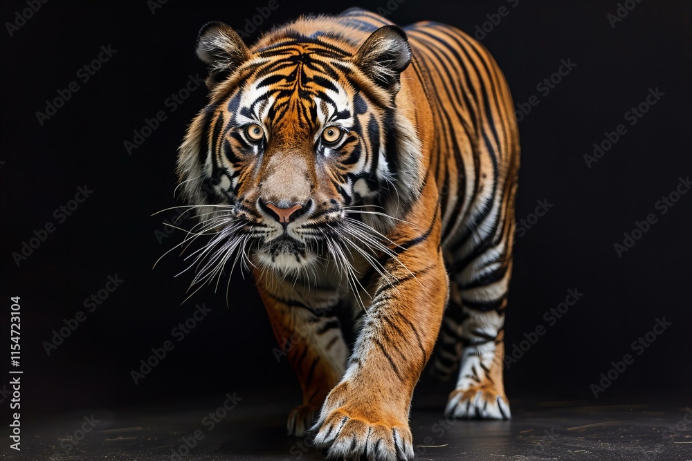 Obraz premium Tiger walking towards camera, isolated on black background, hyper realistic photography.