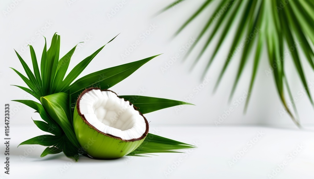 Fresh Coconut Half Surrounded by Tropical Green Leaves on Bright Background Fresh Coconut Half Surrounded by Tropical Green Leaves on Bright Background