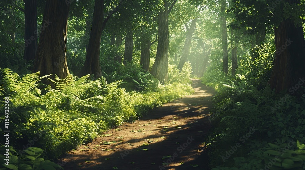Fototapeta premium Sunlit Forest Path with Dappled Shadows and Vibrant Green Foliage