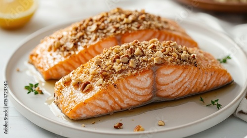 Salmon Steak with Walnut Crust and Honey Drizzle