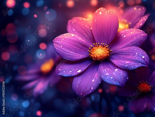 Vibrant Purple Flowers Glowing In Dark Background photo