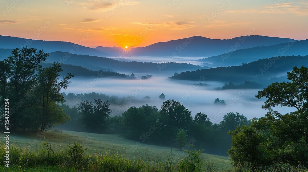 Fototapeta premium Beautiful Sunrise Over Misty Morning Mountains with Gentle Fog