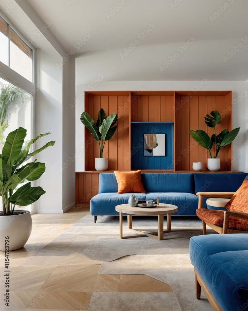Fototapeta premium Interior design, cozy living room, blue paneled walls, arched window, exposed wooden beams, modern white sofa, orange accent pillows, terracotta ottoman, round coffee table, large potted plants, palm 