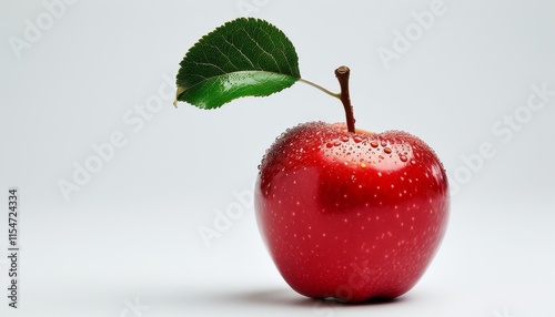 Shiny Red Apple with Dew Drops and Leaf on Top Set Against a Minimalistic White Background photo